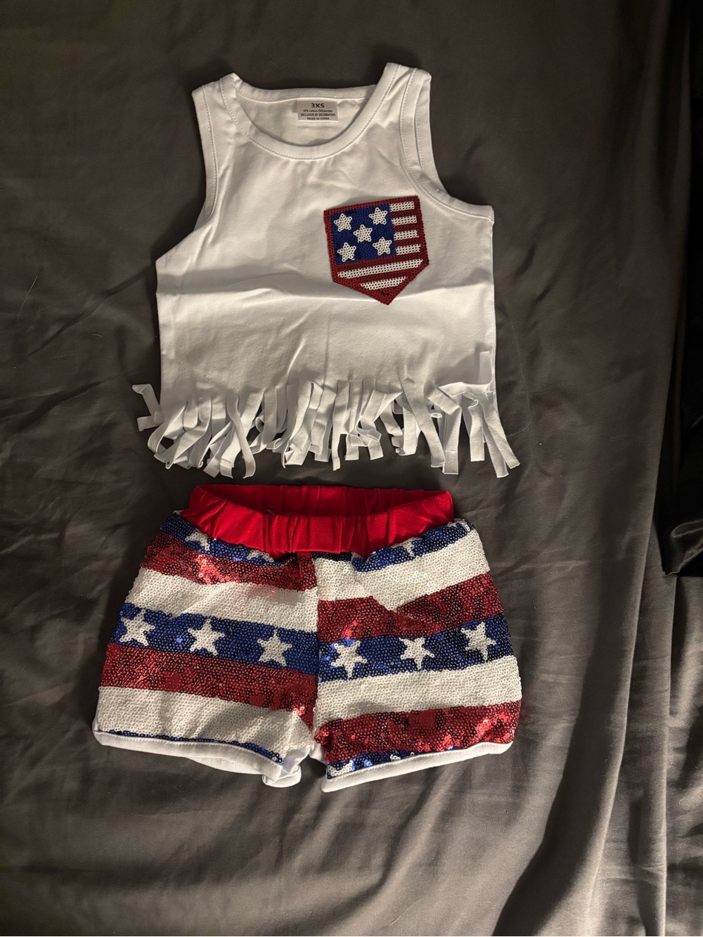 NWT- Patriotic White Fringe Tank & Red-Blue Sequin Shorts Kids Matching Set